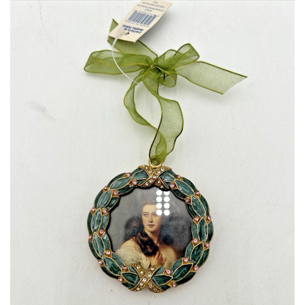 Vintage Christmas Memories Ornament 3" Picture Frame Green Enamel Rhinestones